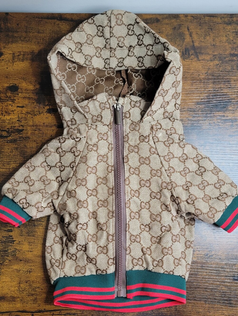 Stylish Beige & Brown Dog Hooded Jacket with Green-Red Trim